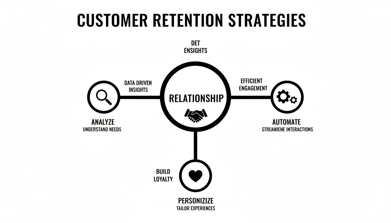 A diagram of customer retention strategies centered on relationship, with analyze, automate, and personalize branches.