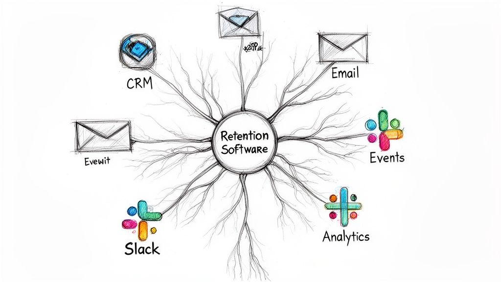 A hand-drawn mind map showing 'Retention Software' integrated with CRM, Email, Events, Analytics, Slack, and Evewit.