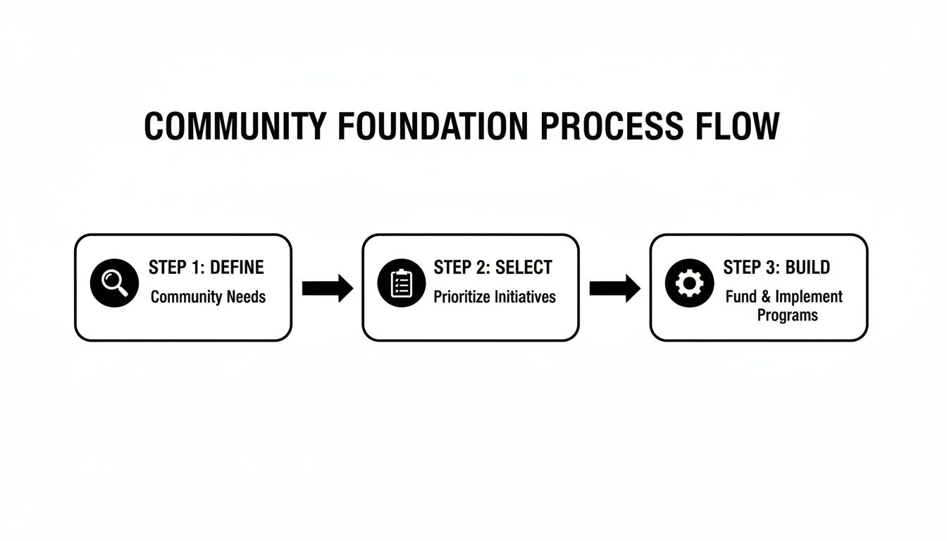 A three-step community foundation process flow, illustrating defining needs, prioritizing initiatives, and funding programs.