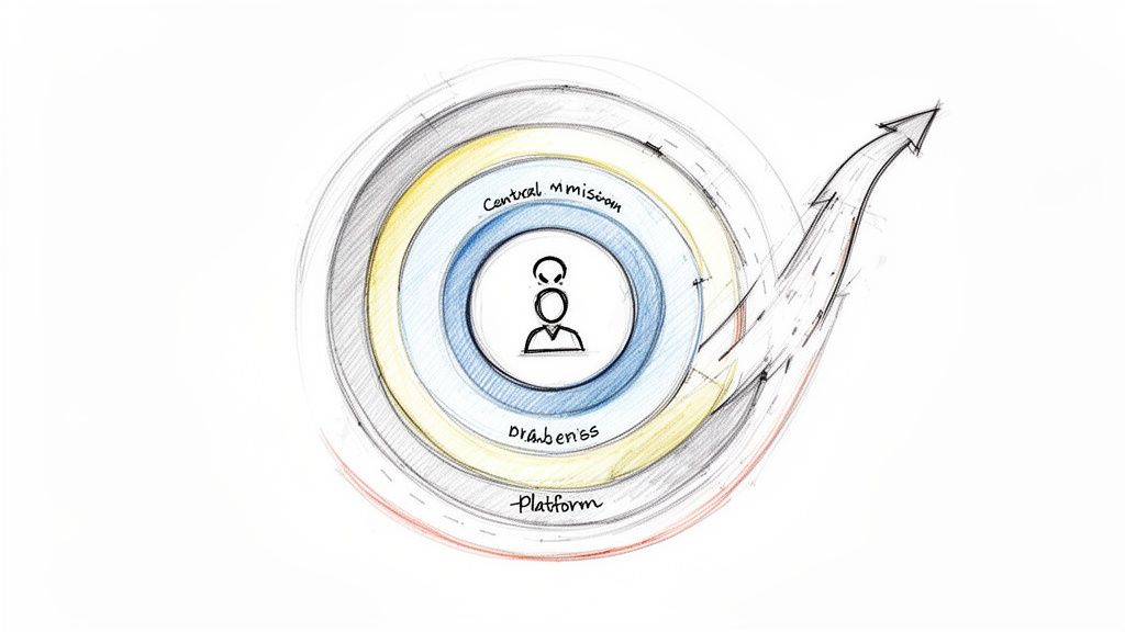 Hand-drawn organizational diagram with concentric circles, an arrow, and labels 'Central mission', 'Draßenes', and 'Platform'.