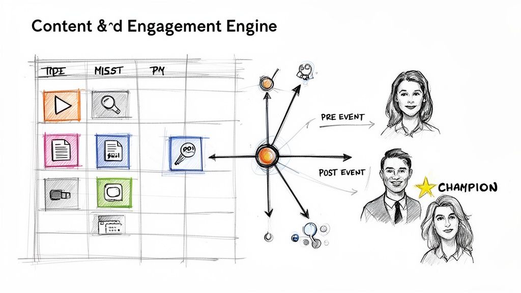 A hand-drawn diagram illustrating a content and engagement engine with tools, processes, and people.