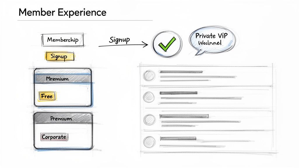 A diagram outlining the member experience from signup to different membership tiers and a private VIP funnel.
