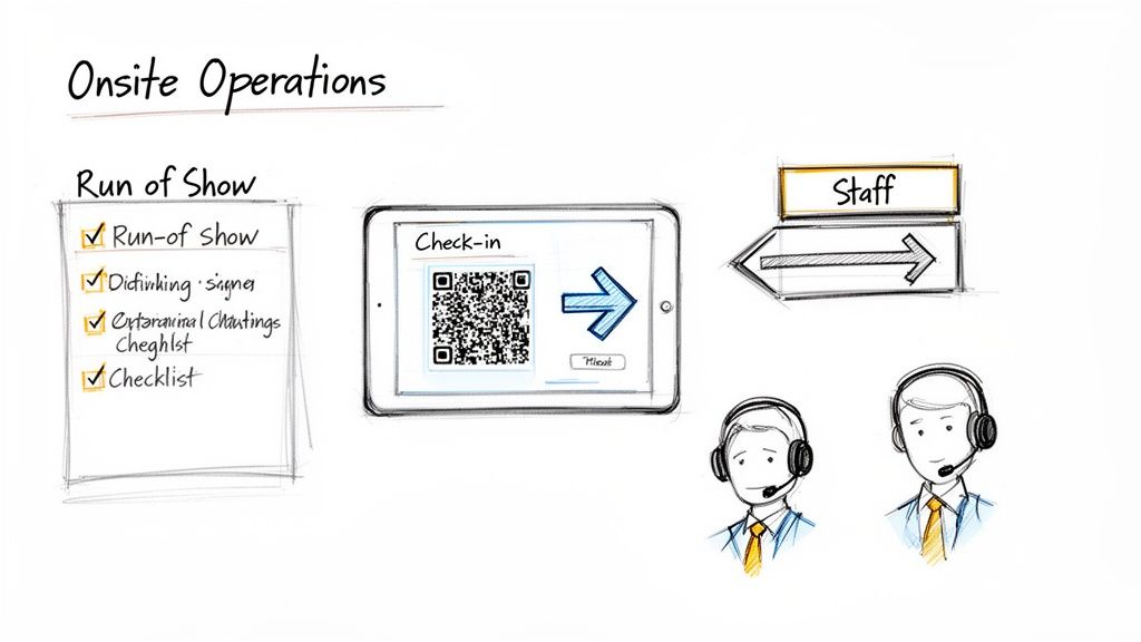 Sketch illustrating onsite conference operations with a run-of-show checklist, QR code check-in, staff sign, and support personnel.