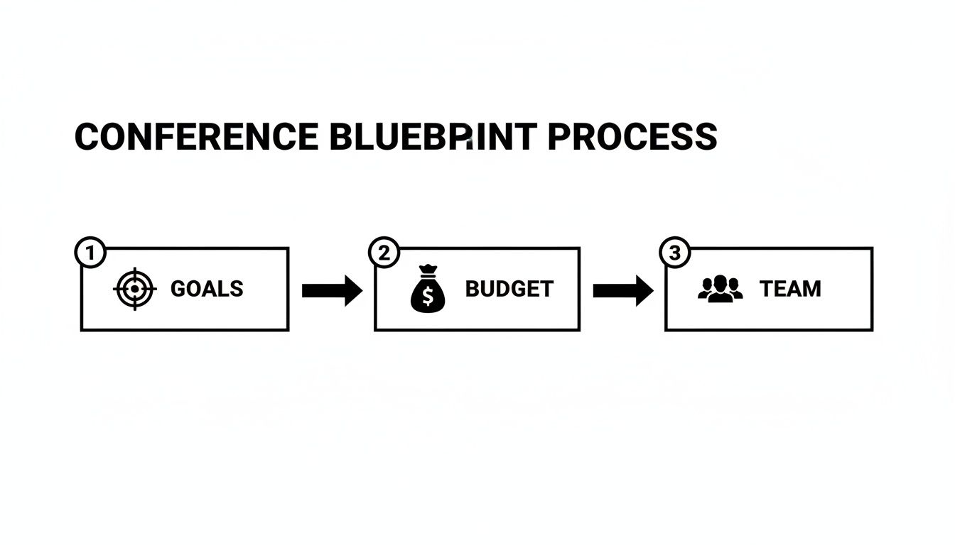 A flowchart titled 'Conference Blueprint Process' showing three sequential steps: Goals, Budget, and Team.