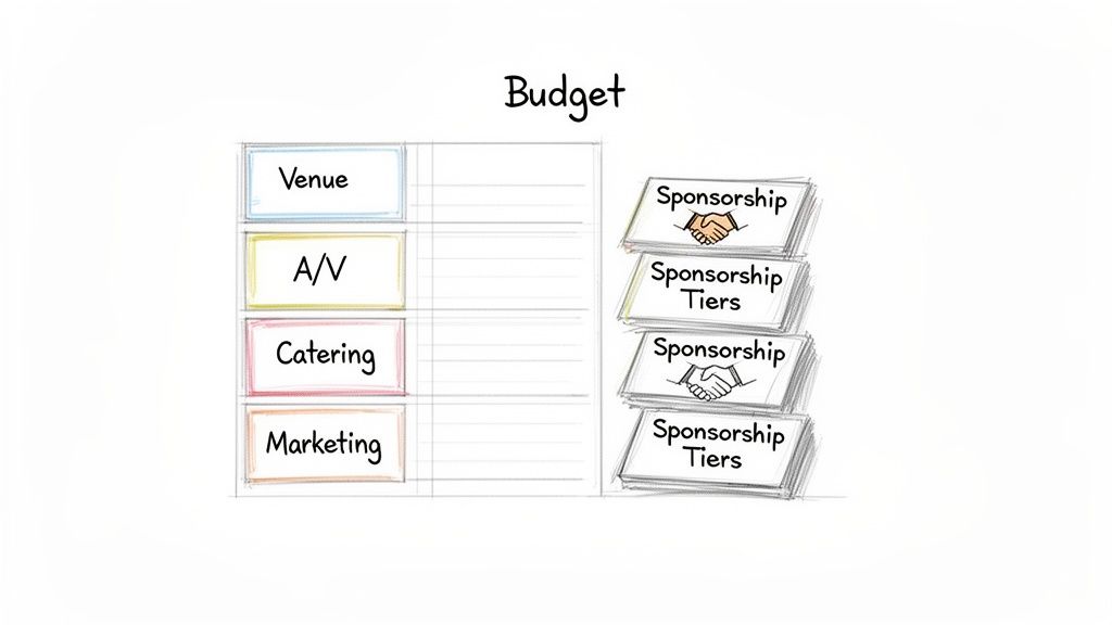 A hand-drawn budget plan outlining event expenses like venue, A/V, catering, marketing, and sponsorship tiers.