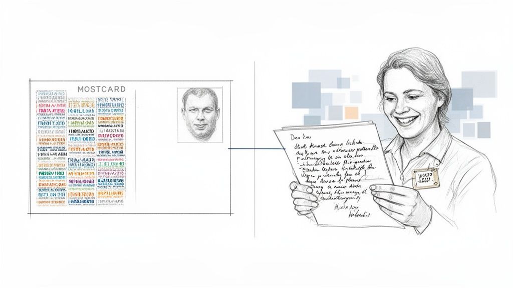 A happy woman reads a personalized letter, connected to a postcard featuring text and a man's face.