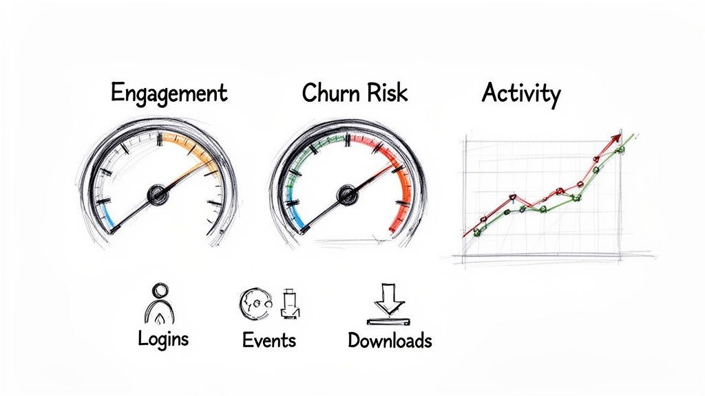 Sketched dashboard showing high customer engagement, high churn risk, and increasing activity.