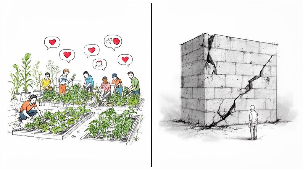 Two contrasting scenes: people gardening together with hearts, and a lone figure by a cracked concrete building.