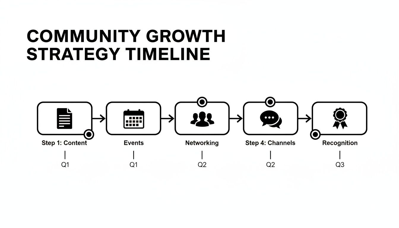 Community growth strategy timeline showing steps like content, events, networking, channels, and recognition across Q1, Q2, Q3.