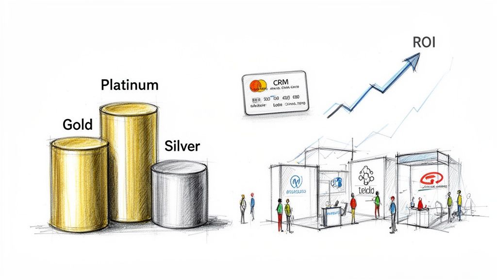 Visualizing business tiers (Gold, Platinum, Silver), CRM, ROI growth, and an event exhibition.