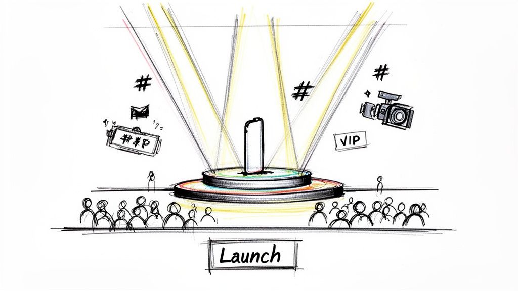 Sketch of a product launch event with a smartphone on stage, spotlights, an audience, and event icons.