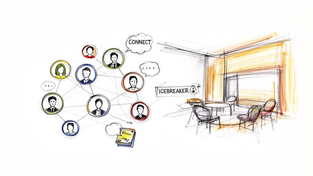 Hand-drawn illustration of professional networking with user avatars and an icebreaker session in a meeting room.