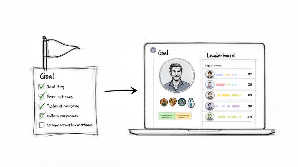 Illustration of handwritten goals transforming into a gamified digital interface on a laptop with a leaderboard.