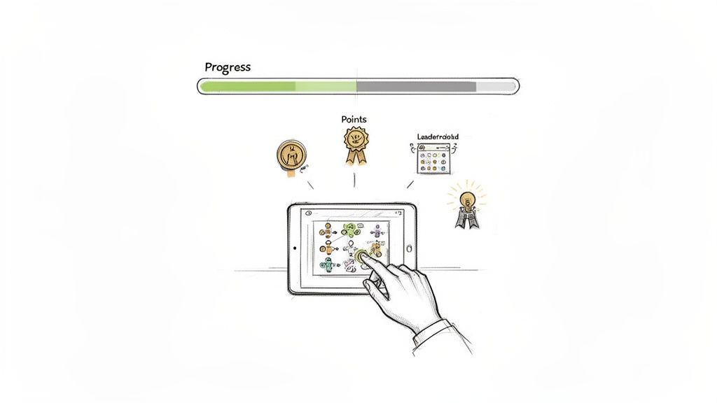 A hand interacts with a tablet displaying an e-learning path, surrounded by a progress bar and gamification rewards.
