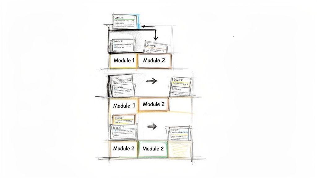 Hand-drawn diagram illustrating a course structure with stacked modules, containing individual lessons and progression.