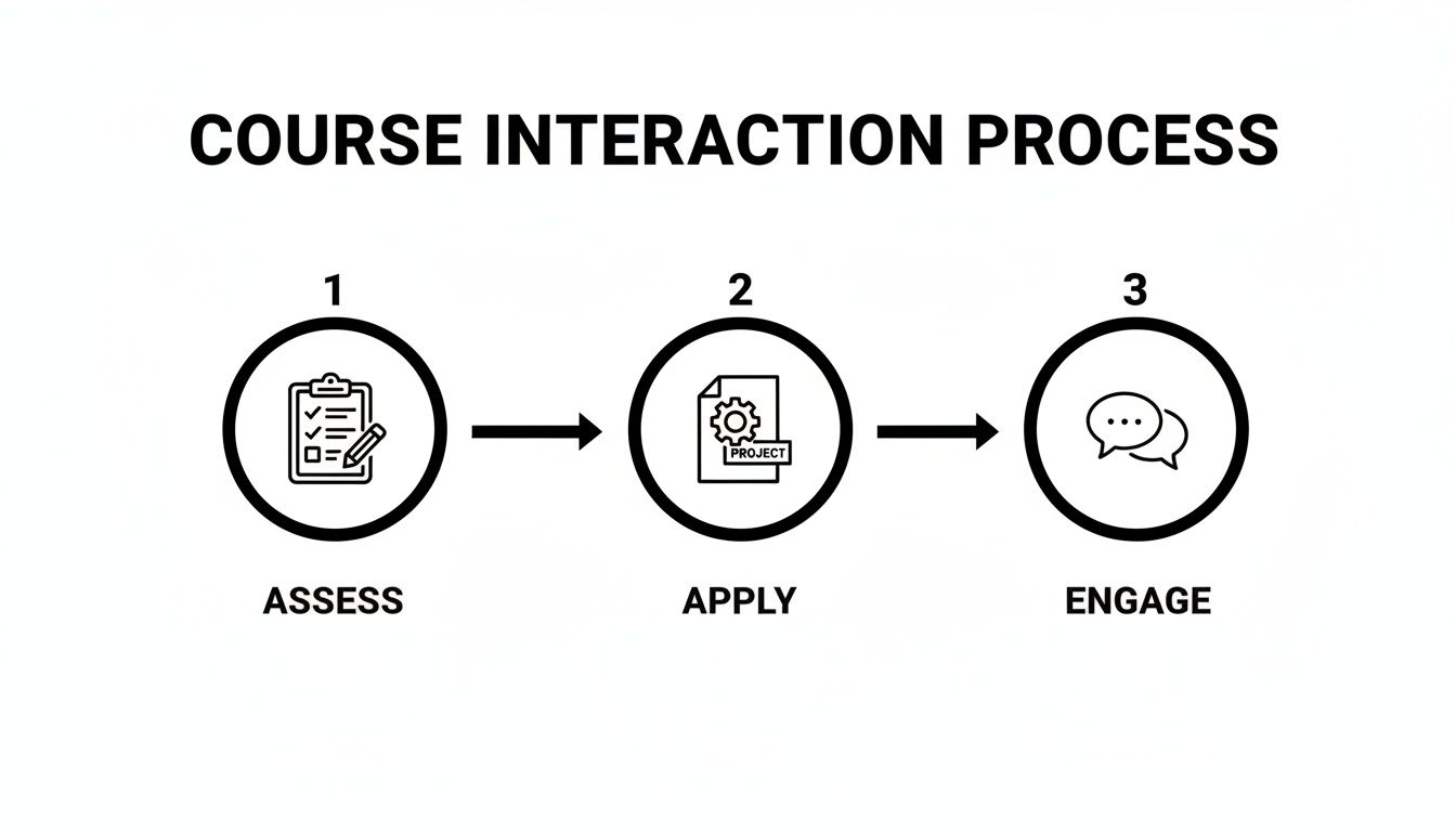 Diagram showing a three-step course interaction process: Assess, Apply, and Engage.