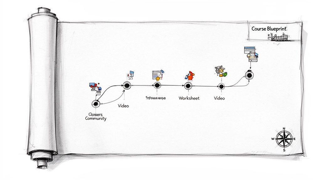 A hand-drawn course blueprint illustrating a learning path with various steps like community, video, worksheets, and digital content.