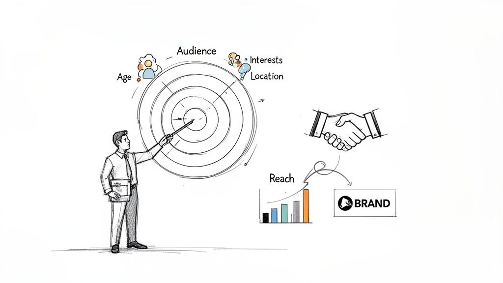 Illustration of audience targeting, partnership, increased reach, and brand recognition for event sponsors.