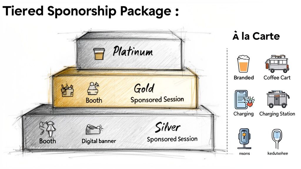 Tiered sponsorship package diagram with Platinum, Gold, Silver levels and à la carte options.