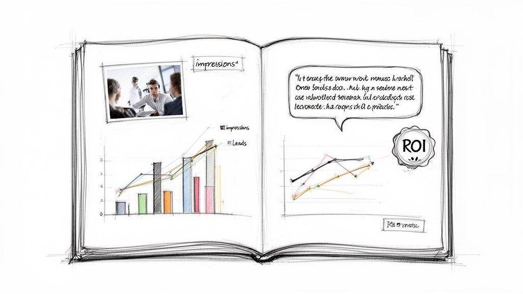 An open sketchbook displaying business meeting image, data charts, graphs, and ROI concept.