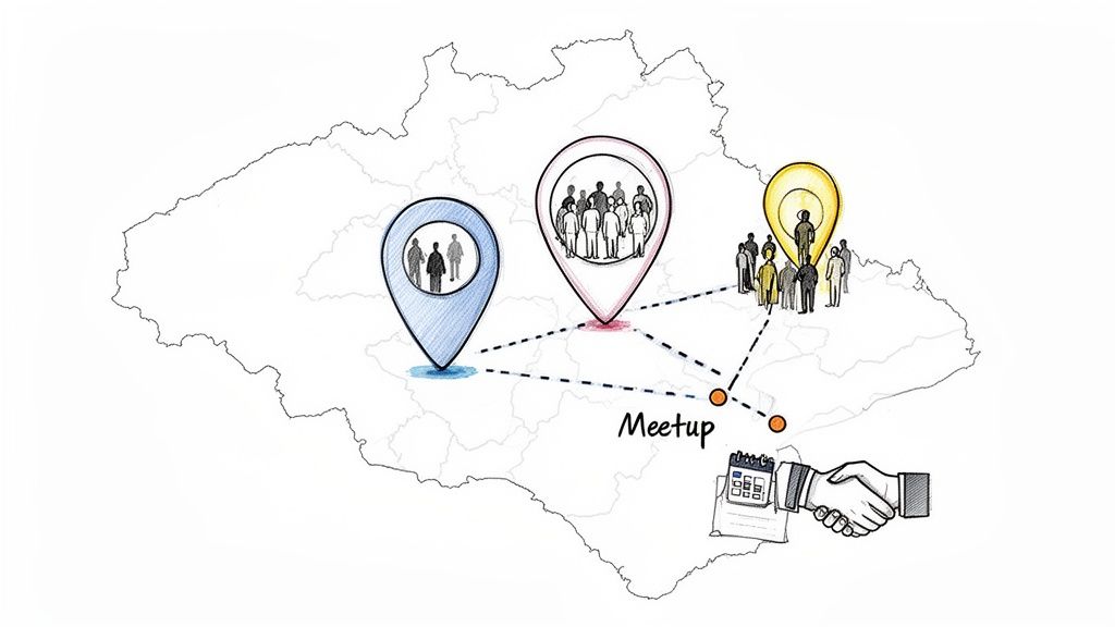 Three groups of people on a map, linked by 'Meetup' connections, culminating in a handshake and calendar.