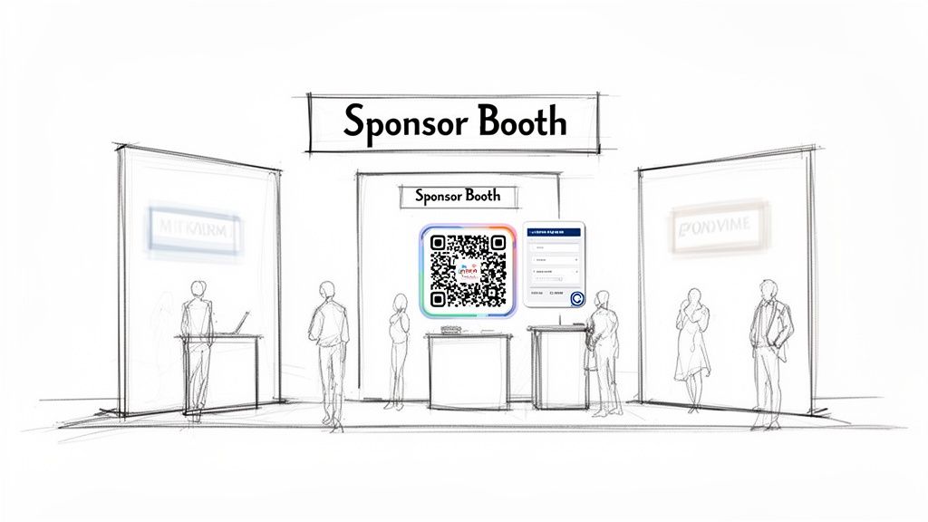 A detailed sketch of a promotional sponsor booth featuring a QR code, a sign-up form, and several attendees.