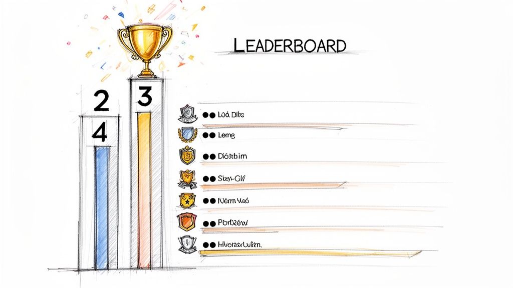 Hand-drawn leaderboard displays a gold trophy on the 3rd place podium and a list of ranked names.