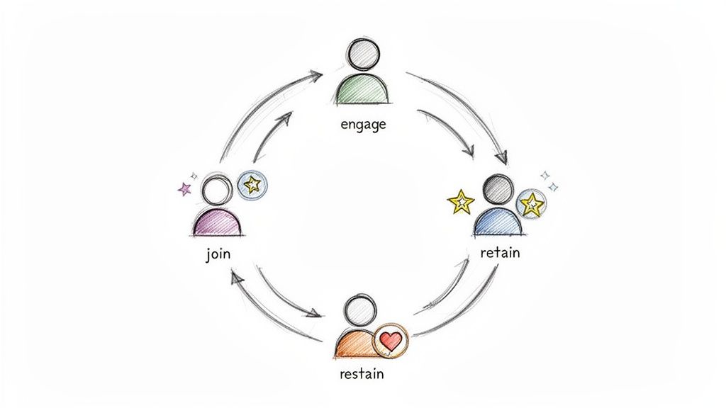 A circular diagram illustrating the customer lifecycle stages: join, engage, retain, and restrain.