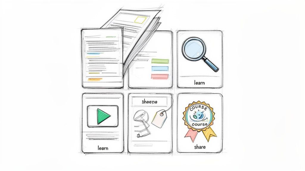 Sketches of learning and sharing concepts including documents, magnifying glass, video, keys, and course badge.