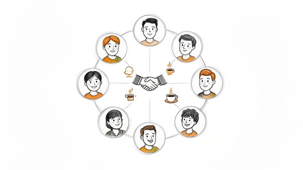Eight diverse cartoon people in a circle around a central handshake, symbolizing a community or network.