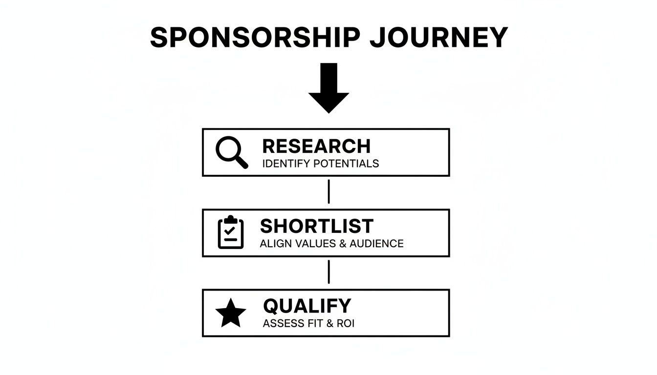 Flowchart showing the sponsorship journey: Research, Shortlist, and Qualify, detailing the steps involved.