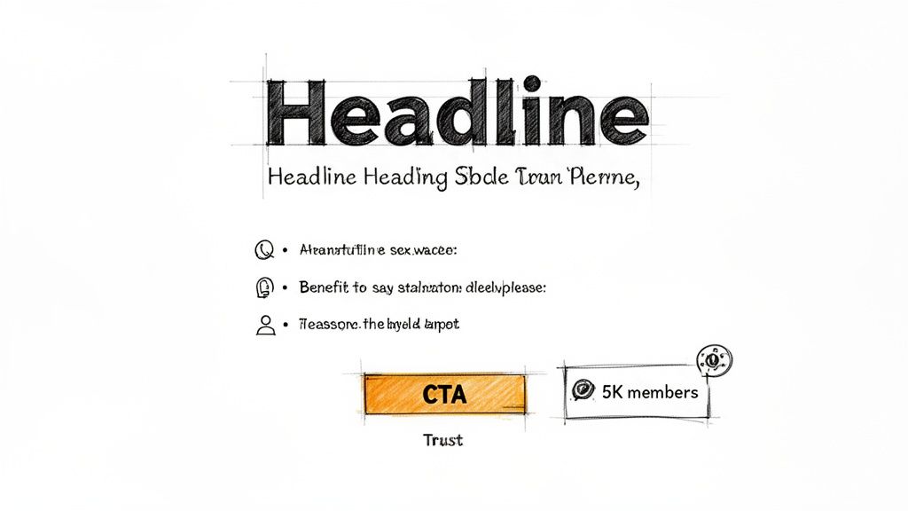 A hand-drawn sketch of a landing page layout, featuring a headline, CTA, and bullet points.