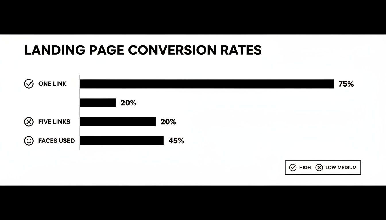 Bar chart illustrating landing page conversion rates for one link, five links, and faces used.