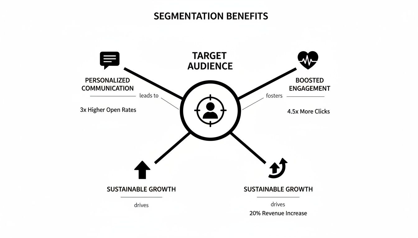 Infographic showing the benefits of customer segmentation: personalized communication, boosted engagement, and sustainable growth.
