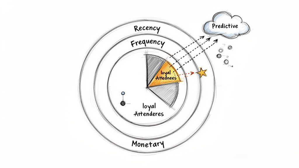 Hand-drawn RFM model diagram illustrating customer segmentation, loyal attendees, and predictive analysis.