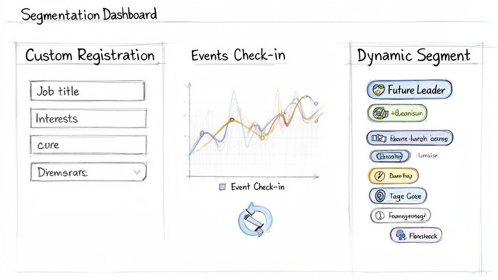 A sketch of a segmentation dashboard showing custom registration fields, event check-in graph, and dynamic customer segments.