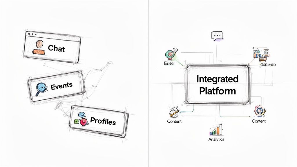 Sketched diagrams illustrating Chat, Events, and Profiles features, along with an Integrated Platform connecting content and analytics.