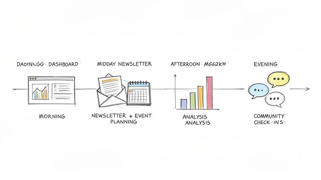 Illustration of a daily workflow for a community manager: morning data, midday planning, afternoon analysis, and evening check-ins.