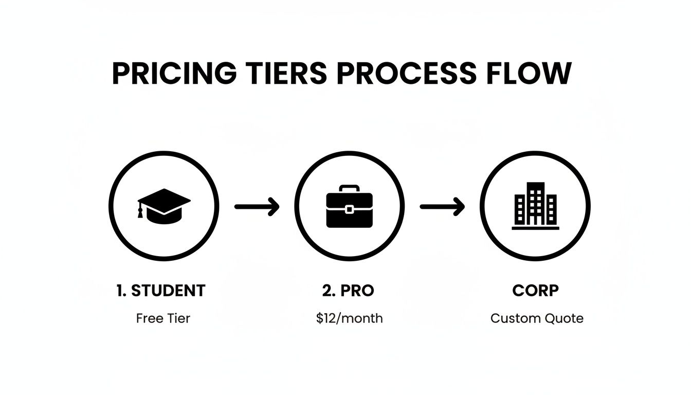 Pricing tiers process flow illustrating student, pro, and corporate plans with their respective costs.