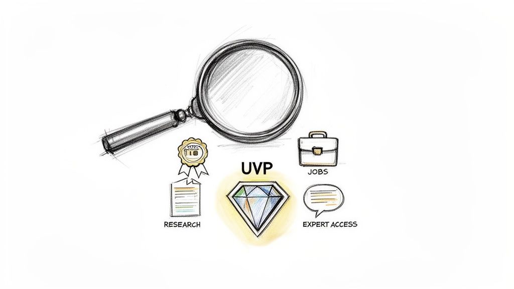 Magnifying glass examining a diamond labeled UVP, surrounded by icons for research, jobs, and expert access.