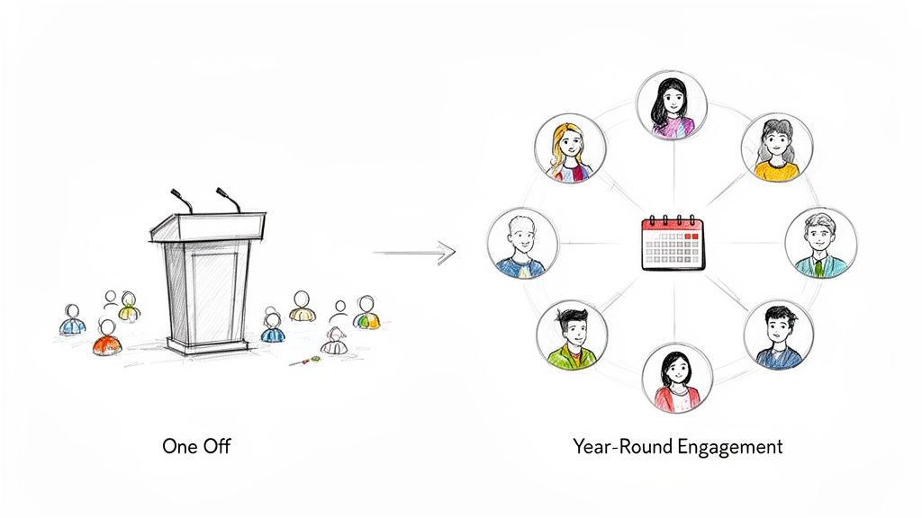 Illustration comparing a one-off public speaking event to year-round community engagement via a calendar.
