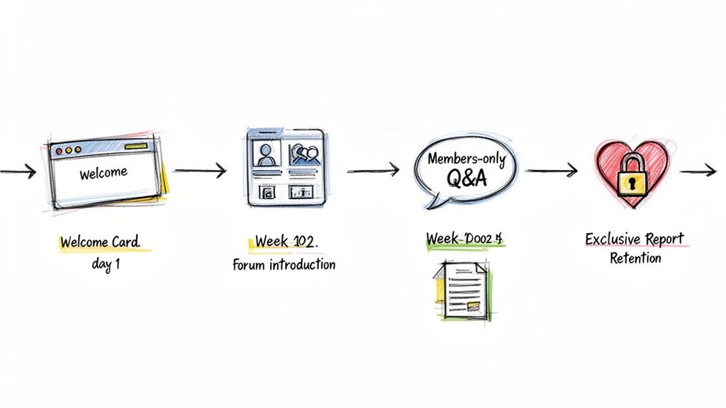 Illustrated customer journey for a subscription service with welcome, forum, members-only Q&A, and exclusive report.
