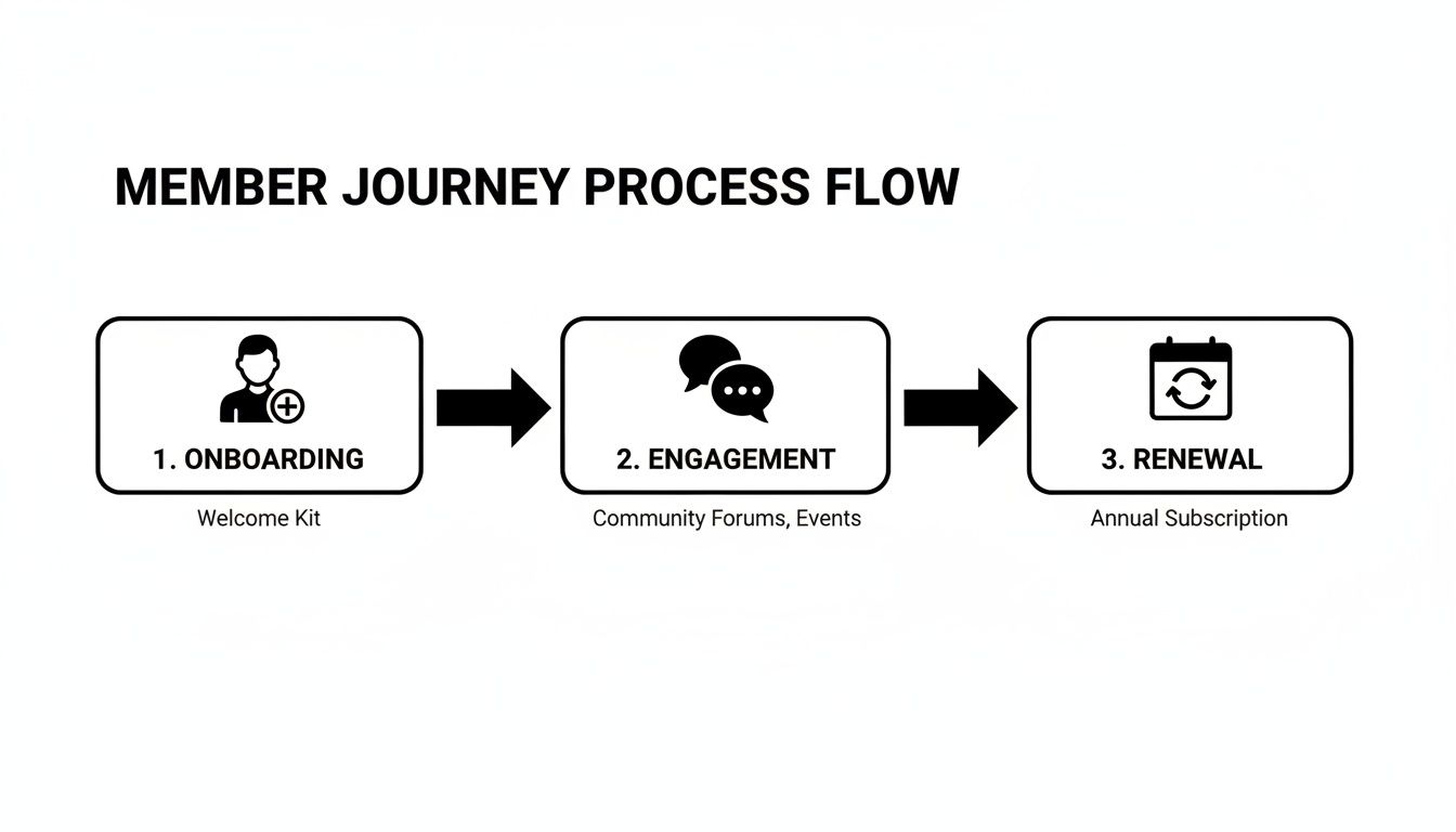 Diagram illustrating a member journey process flow with steps for onboarding, engagement, and renewal.