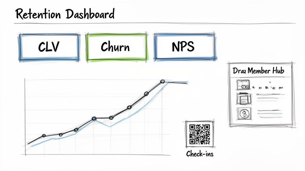 A hand-drawn sketch of a Retention Dashboard displaying CLV, Churn, NPS, a trend graph, and a member hub app.