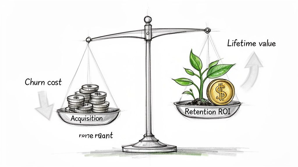 Balance scale illustrating customer acquisition costs and churn versus customer retention ROI and lifetime value.