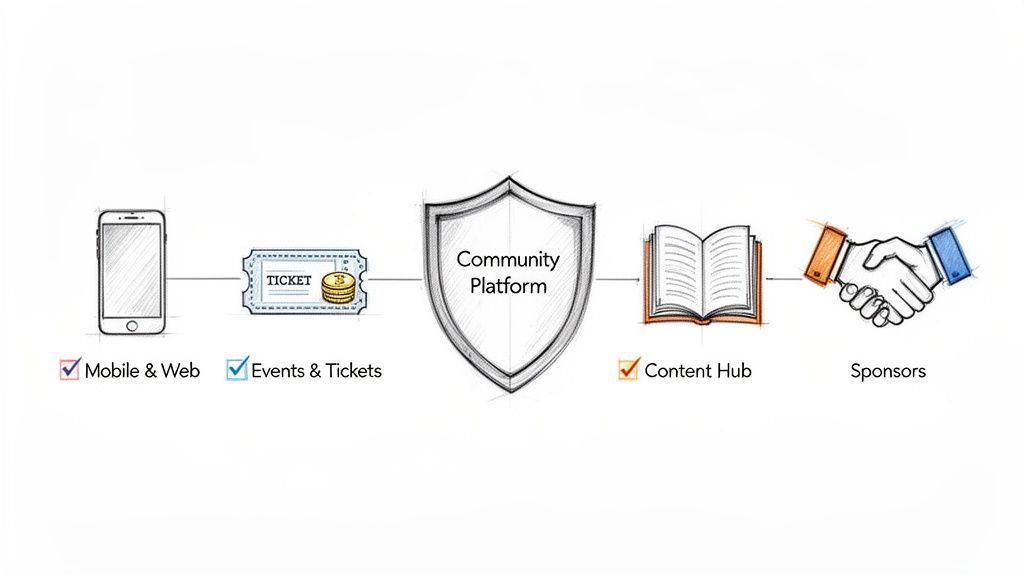 A diagram shows a community platform connecting mobile, events, content, and sponsors.