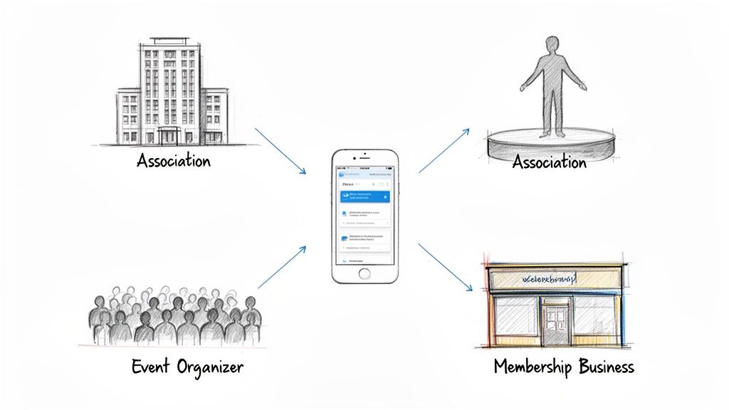 A mobile phone app connects associations, event organizers, and membership businesses within a community platform.