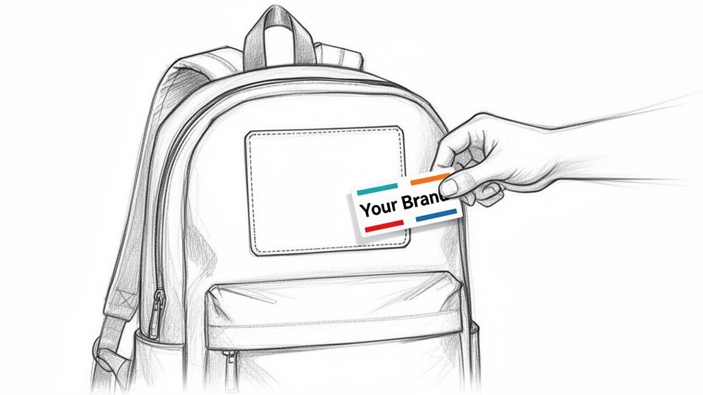 A hand places a 'Your Brand' card onto a blank patch on a backpack, symbolizing customization.