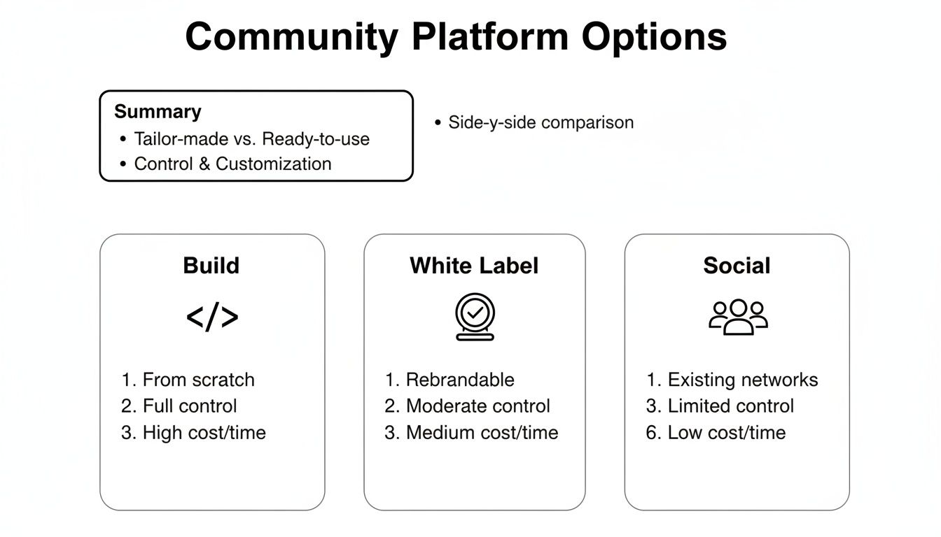 A comparison chart outlining community platform options: Build, White Label, and Social, detailing control and cost.