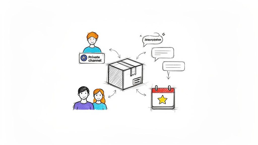Illustration depicting a subscription box business model with customers, a private channel, messages, and a calendar.